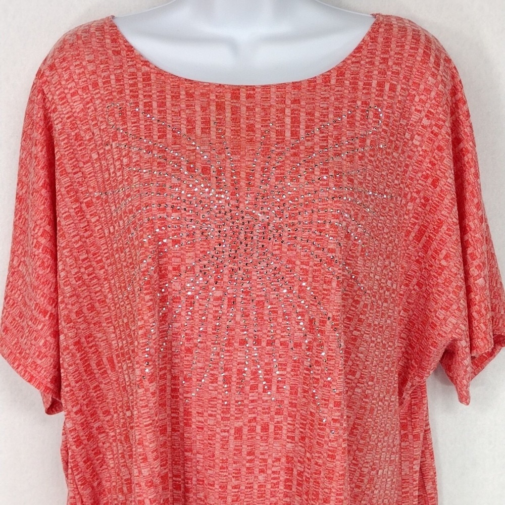 Forever Jade Women's Plus 2X Ribbed Top Rhinestone Firework Heather Coral